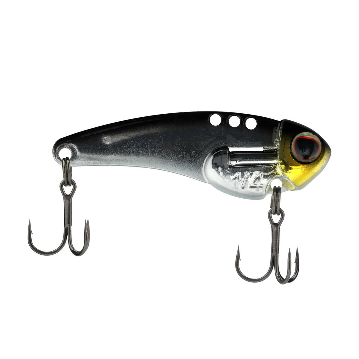 Blade bait fishing lure, black-silver body with yellow eye and two treble hooks