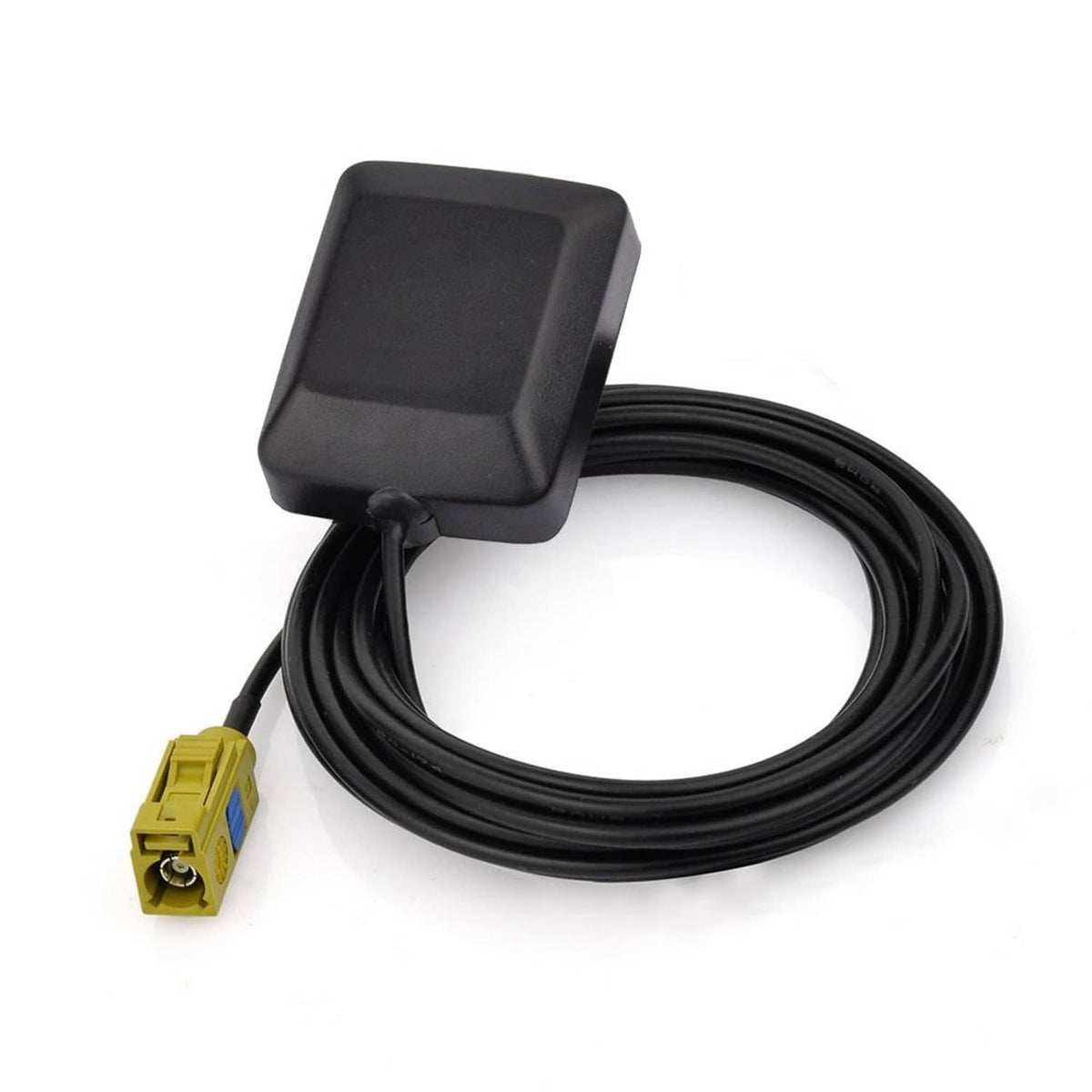 Black low-profile satellite antenna with Fakra connector and black coax cable