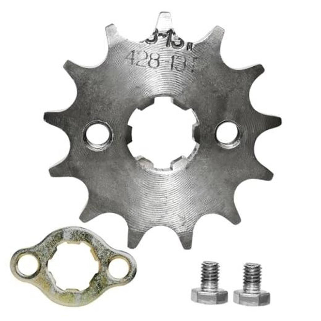 Front engine sprocket kit components: steel sprocket gear, ring, and two screws