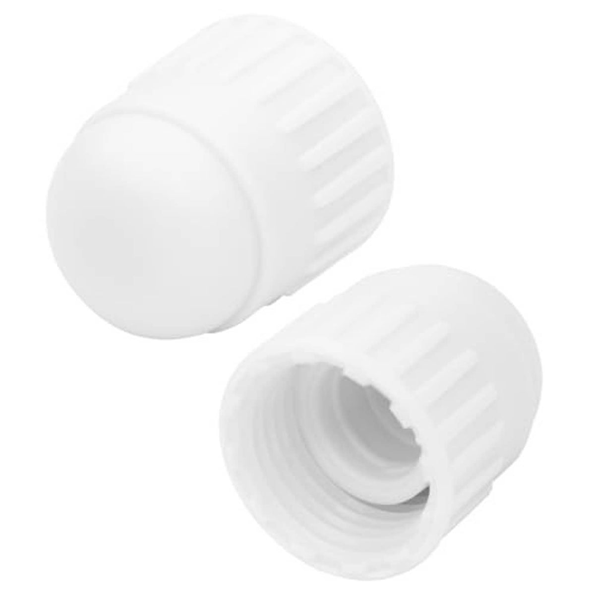 White PVC end cap plug for female threads, ribbed exterior with threaded opening