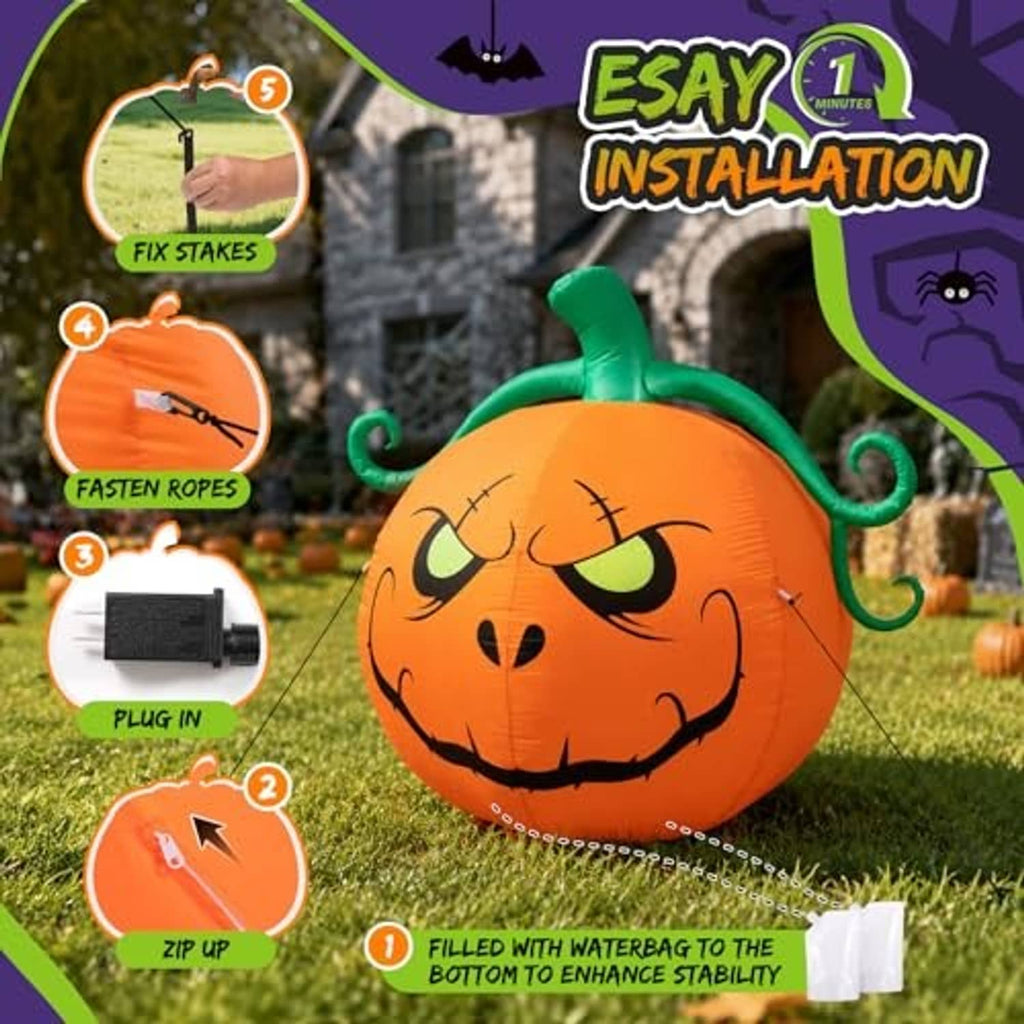 Inflatable jack-o'-lantern pumpkin with green stem with stakes, ropes, and fast-setup parts