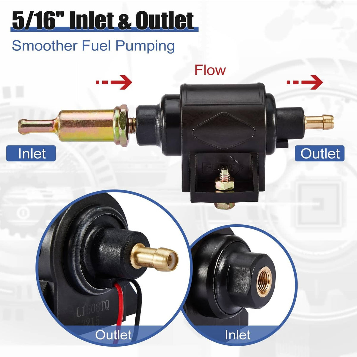 Inline electric fuel pump with brass inlet and outlet hose fittings