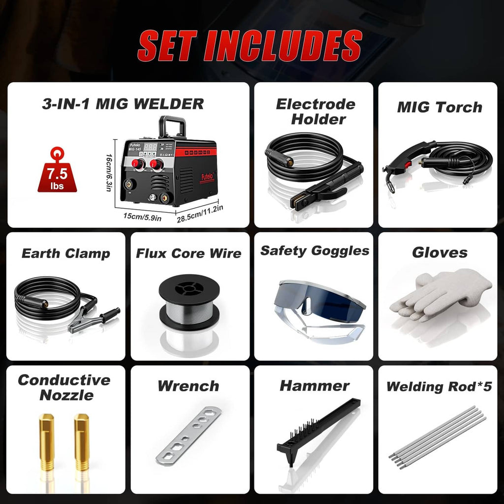 Welding set includes 3-in-1 MIG welder, electrode holder, torch, cables, goggles, gloves