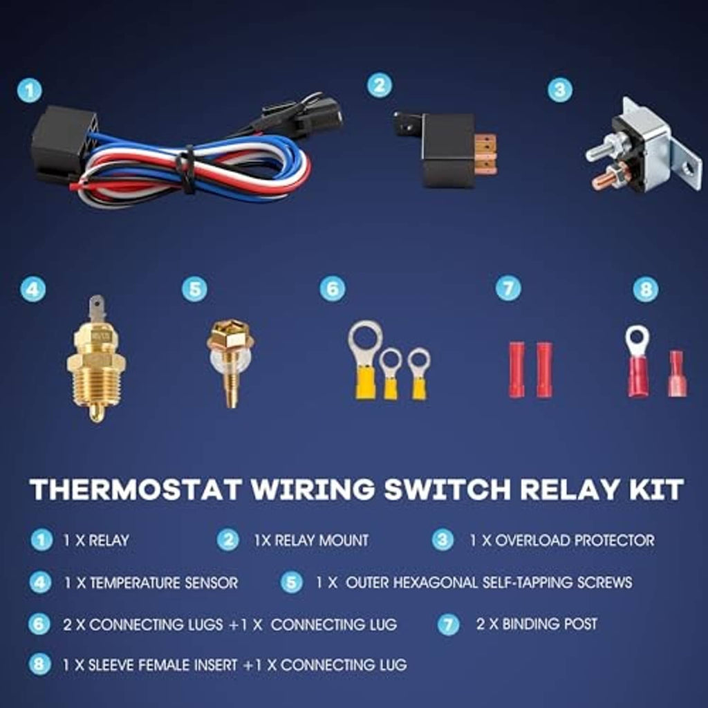 Thermostat wiring relay kit with relay, temperature sensor, wires, and connectors