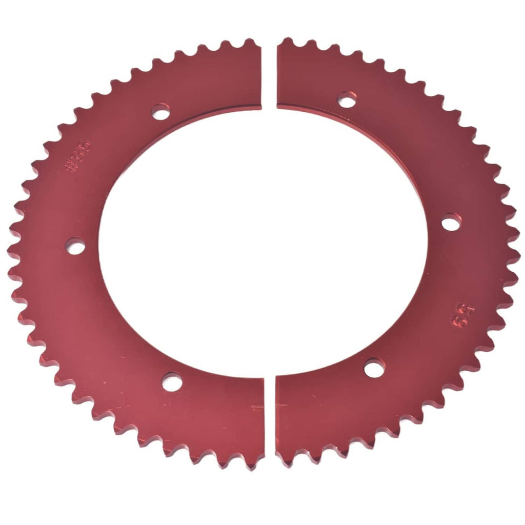 Red 59T split sprocket gear with teeth and four bolt holes