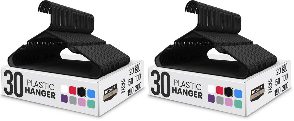 Black plastic clothes hangers pack, 30-count boxed set with color icons