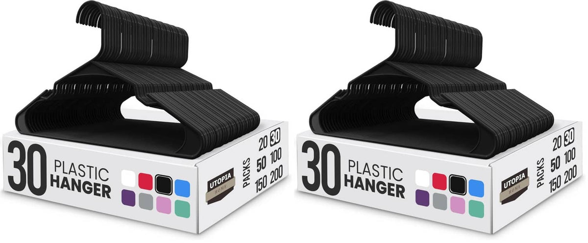 Black plastic clothes hangers pack, 30-count boxed set with color icons