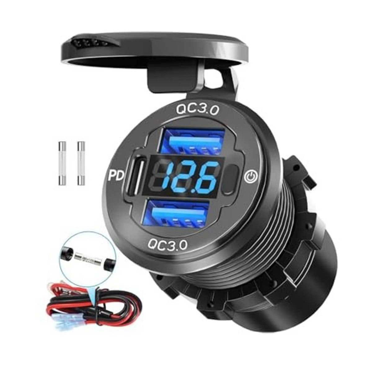 Round black 12V USB outlet hub with PD and QC3.0 ports, voltmeter display