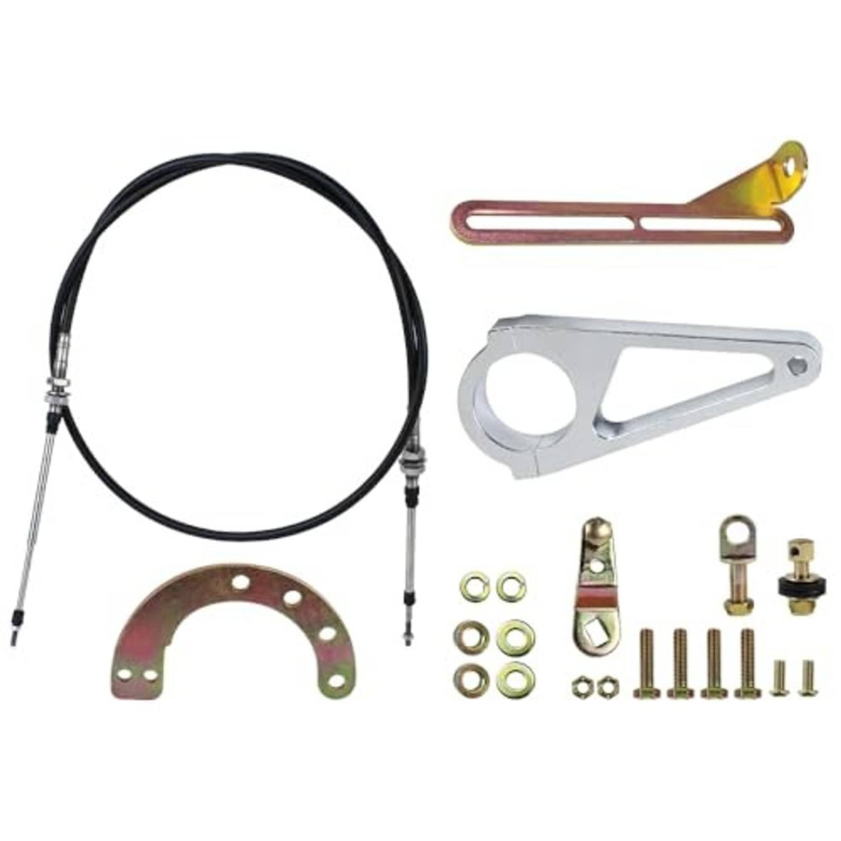Transmission shift linkage kit with two black cables, silver lever, and mounting hardware