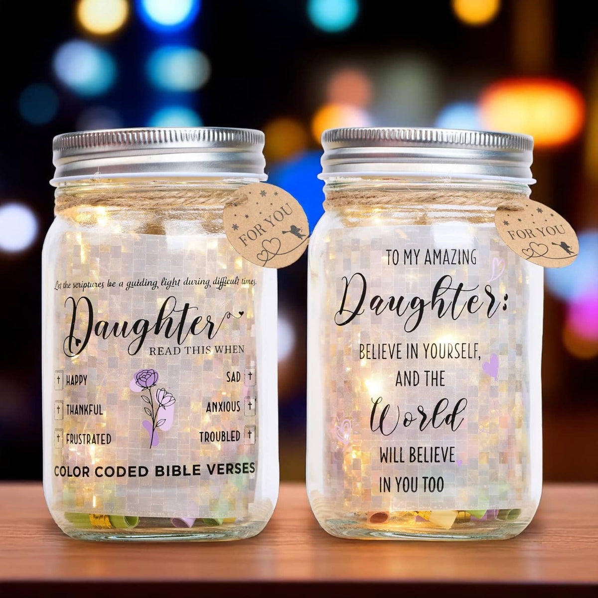 Two clear LED mason jars side by side with warm glow and “Daughter” Bible verse text