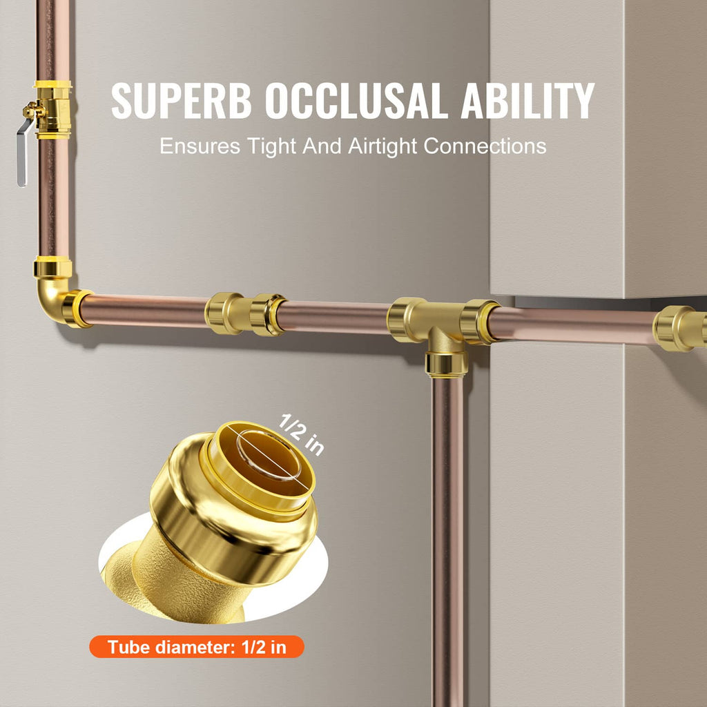 Gold brass push-fit tee fitting with tight-seal connection to tubing