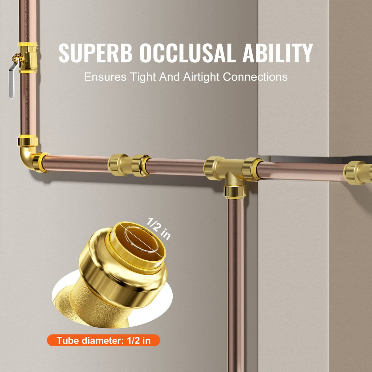 Gold brass push-fit tee fitting with tight-seal connection to tubing