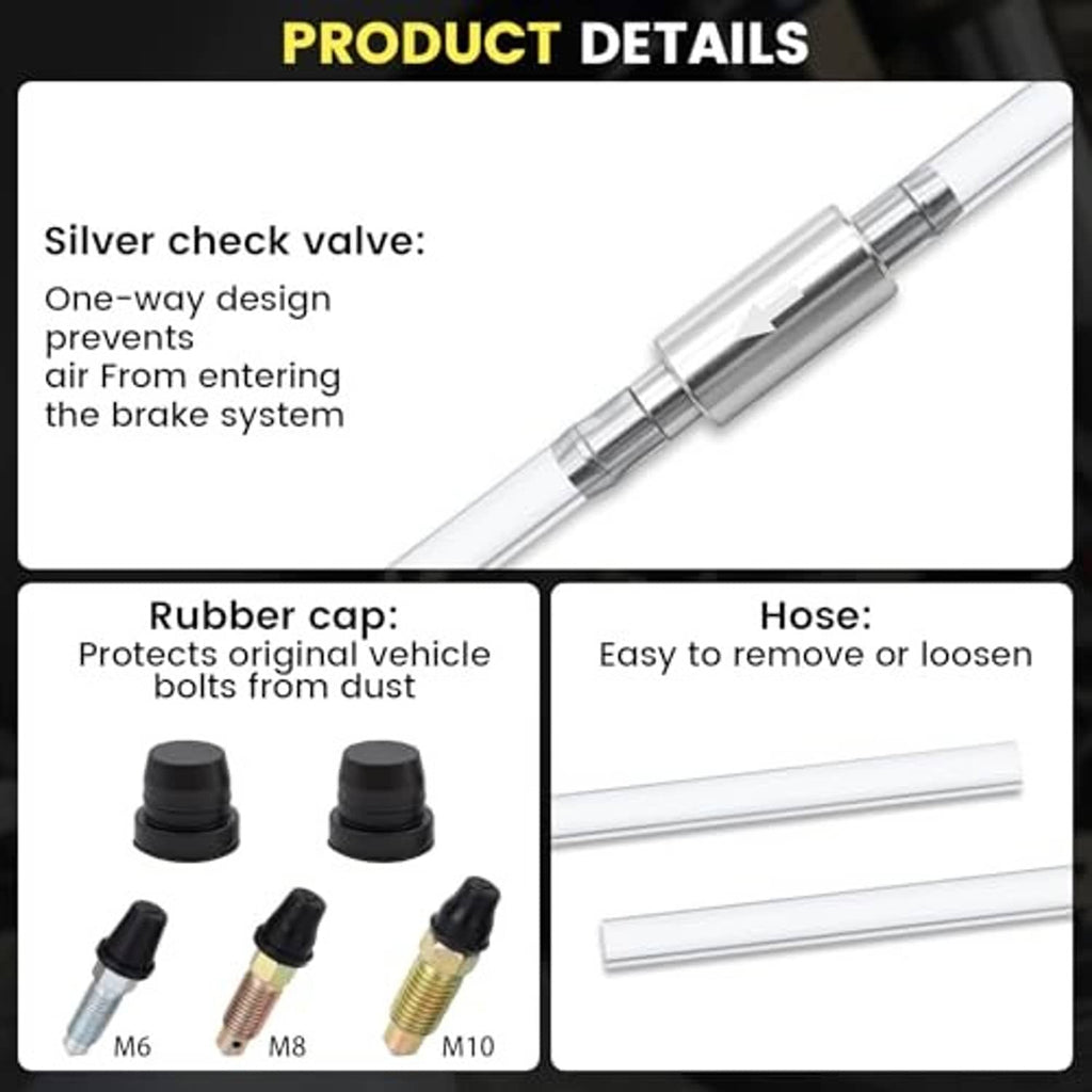 Brake check valve assembly with silver one-way valve, rubber cap, and clear hose pieces