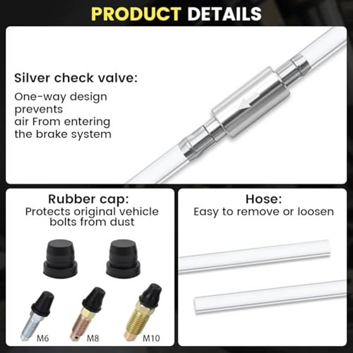 Brake check valve assembly with silver one-way valve, rubber cap, and clear hose pieces