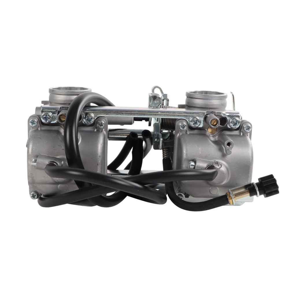 Carburetor assembly with metal housing, black hoses, and mounting brackets