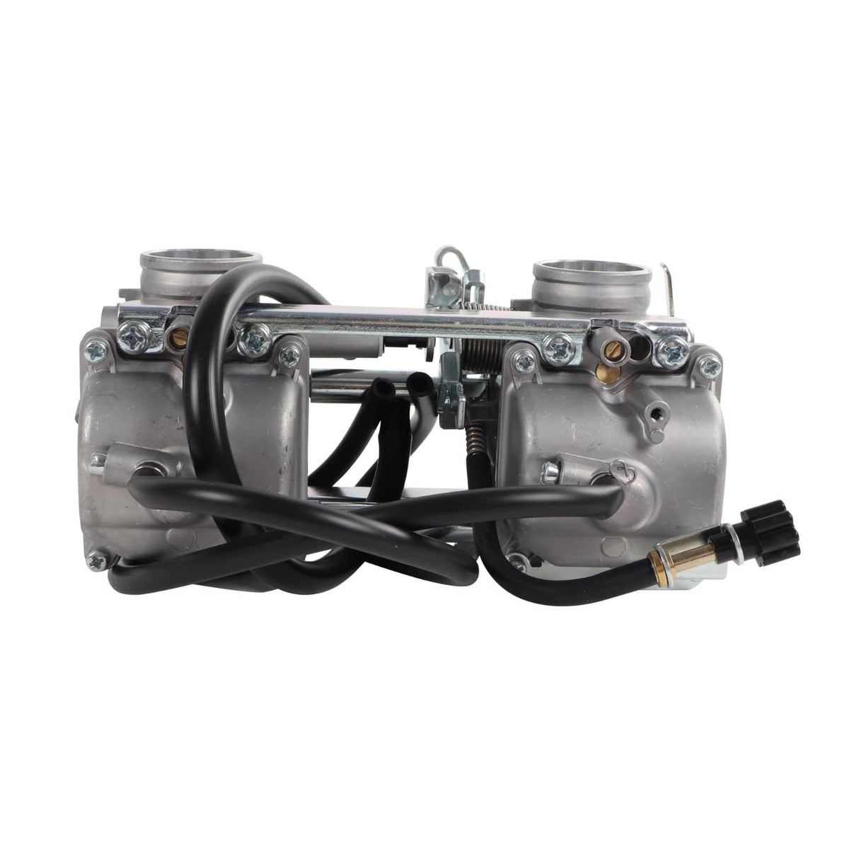 Carburetor assembly with metal housing, black hoses, and mounting brackets