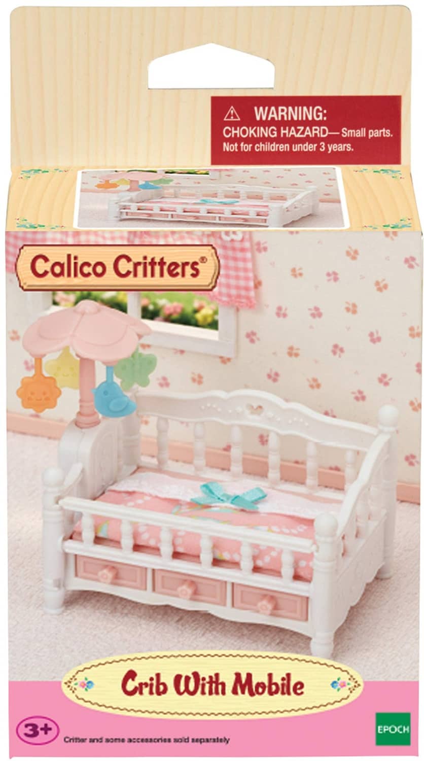 Dollhouse Crib With Mobile set package with warning label and product artwork