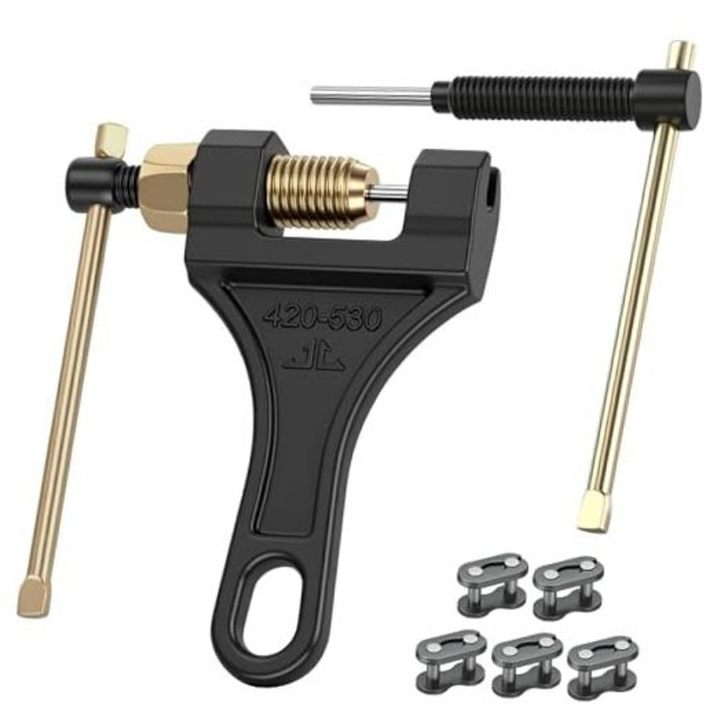 420-530 chain breaker tool with two handles, spring mechanism, and spare chain pins