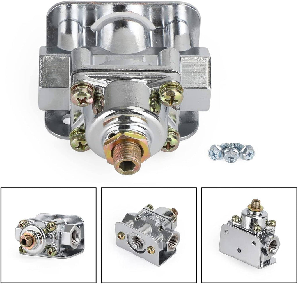 Chrome fuel pressure regulator face view with center threaded port and side fasteners