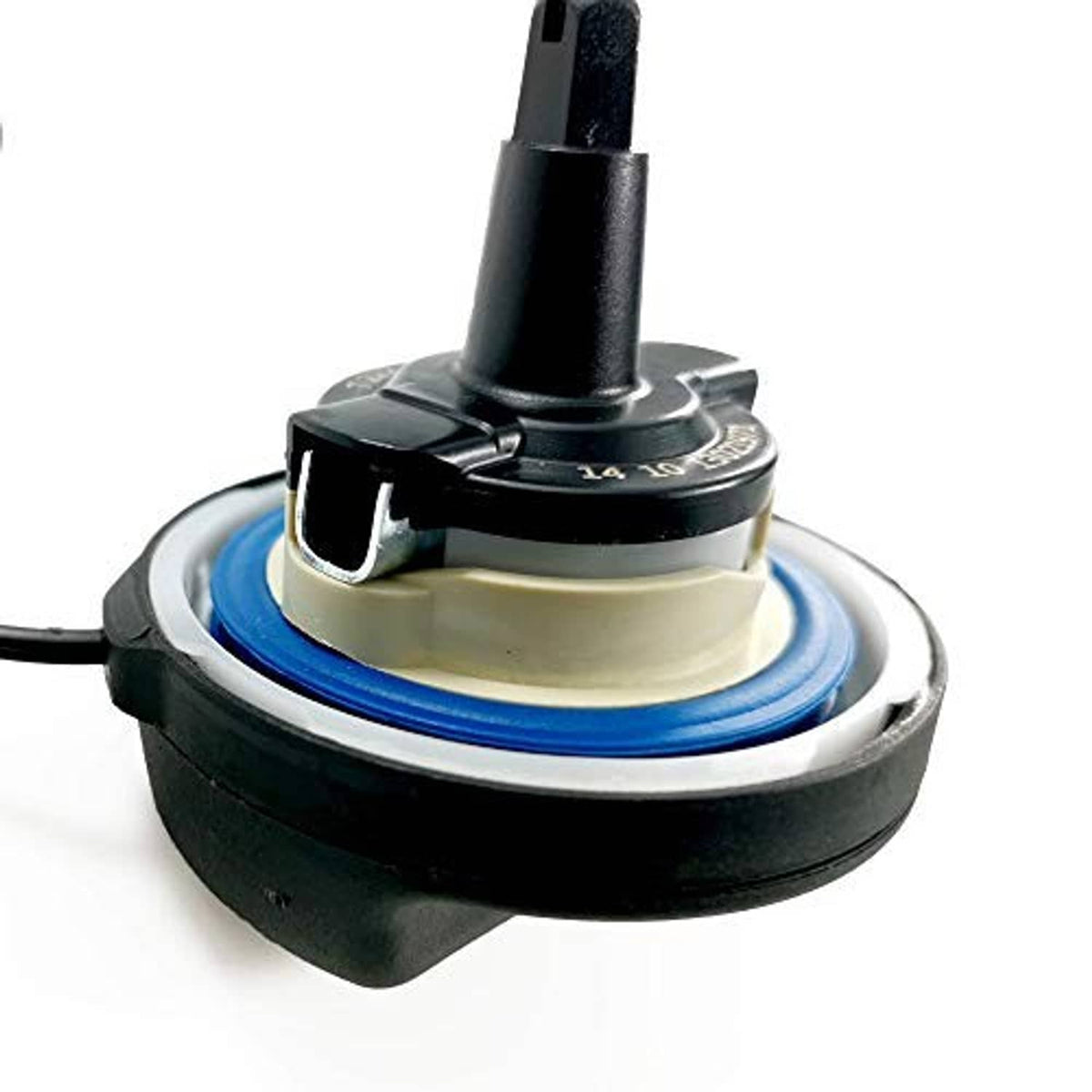 Fuel tank gas cap with blue seal ring, black housing, and attached vent tube