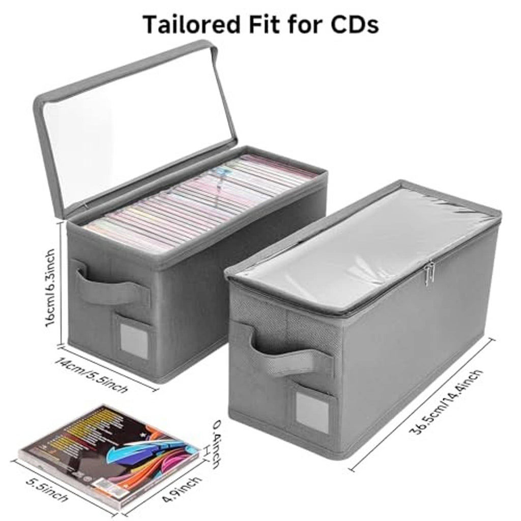 Gray foldable CD storage boxes with lid, shown open side-by-side with handle tabs