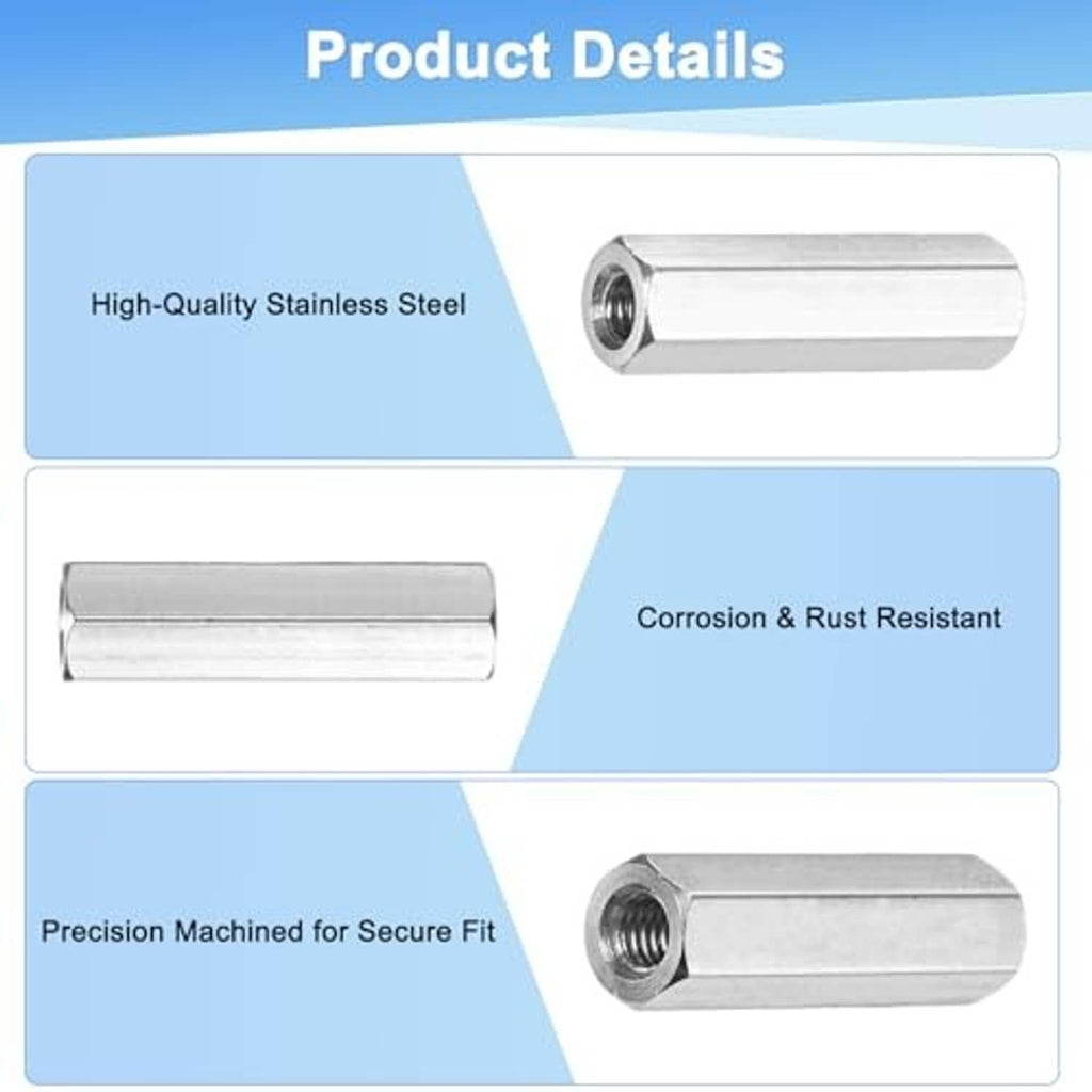 Stainless steel threaded hex sleeve coupling nut, smooth cylindrical body