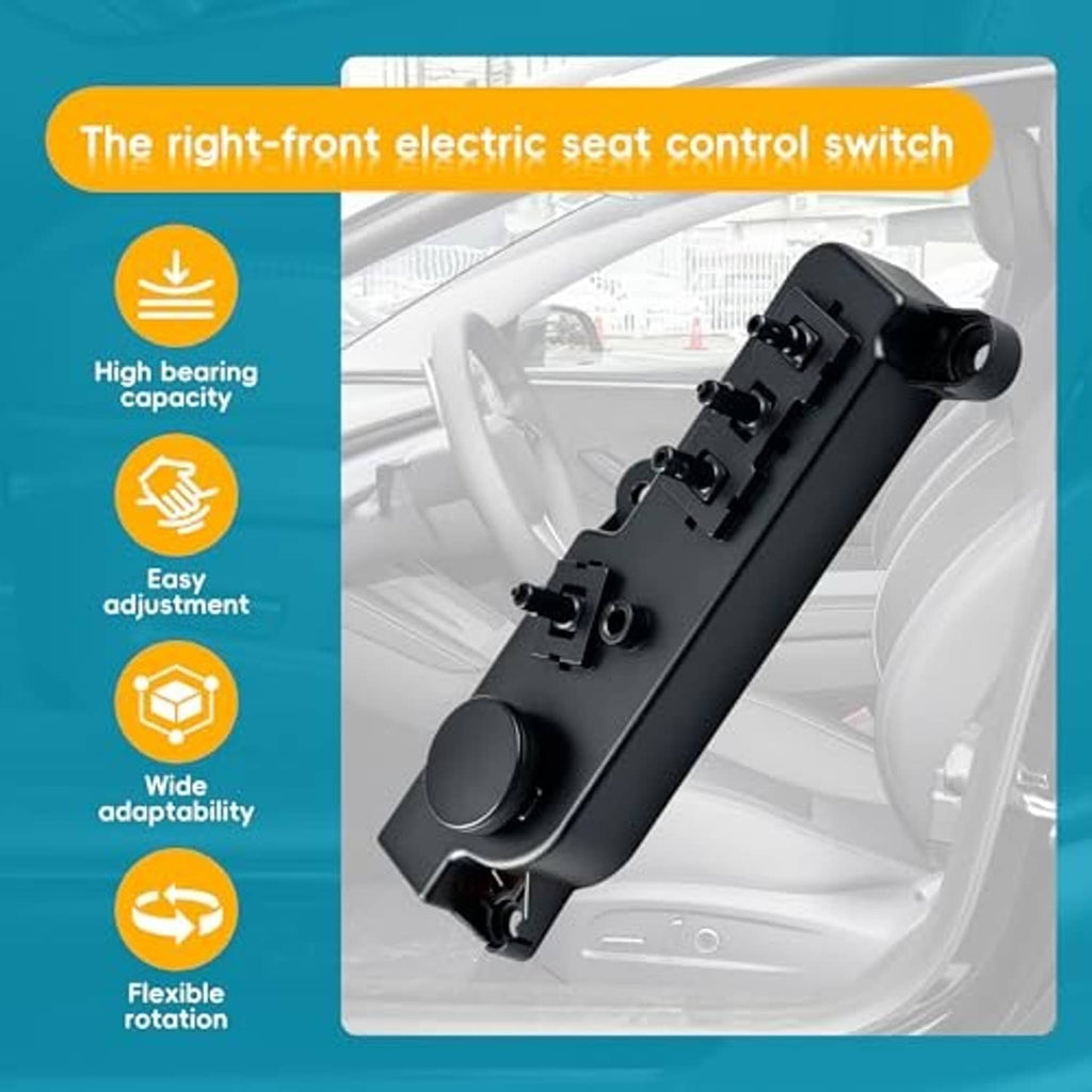 Black right-front electric seat control switch with round knob and rocker switch row