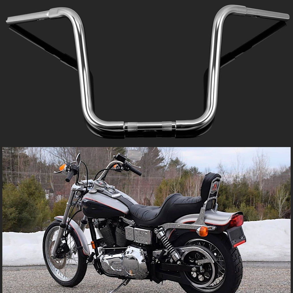 Chrome ape hanger handlebar installed on a motorcycle with black grips