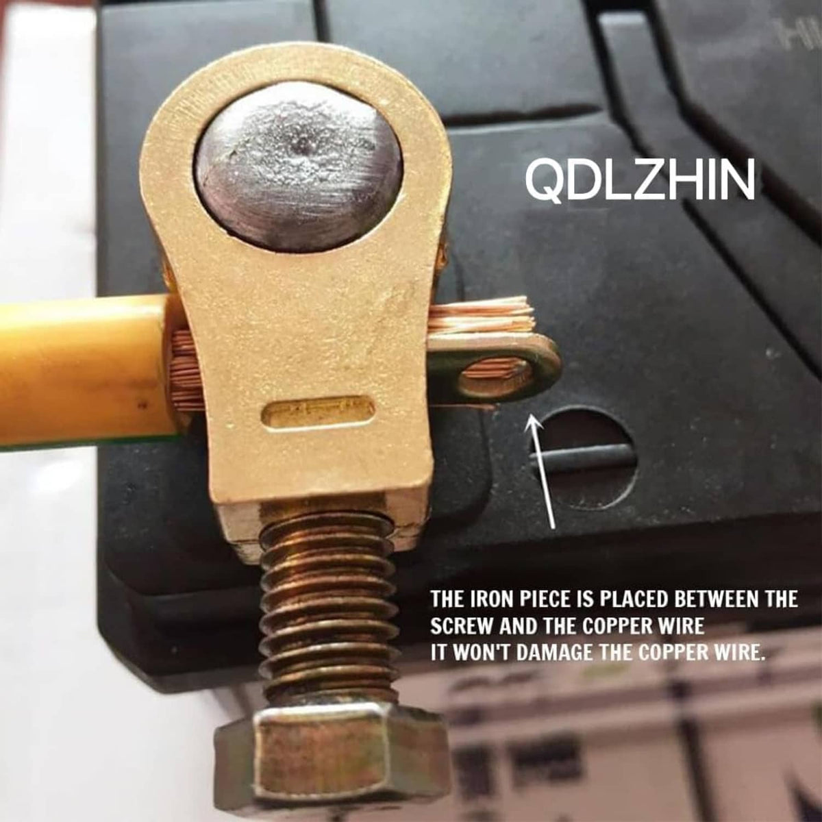 Pure copper battery terminal connector with threaded screw and inserted cable wire end