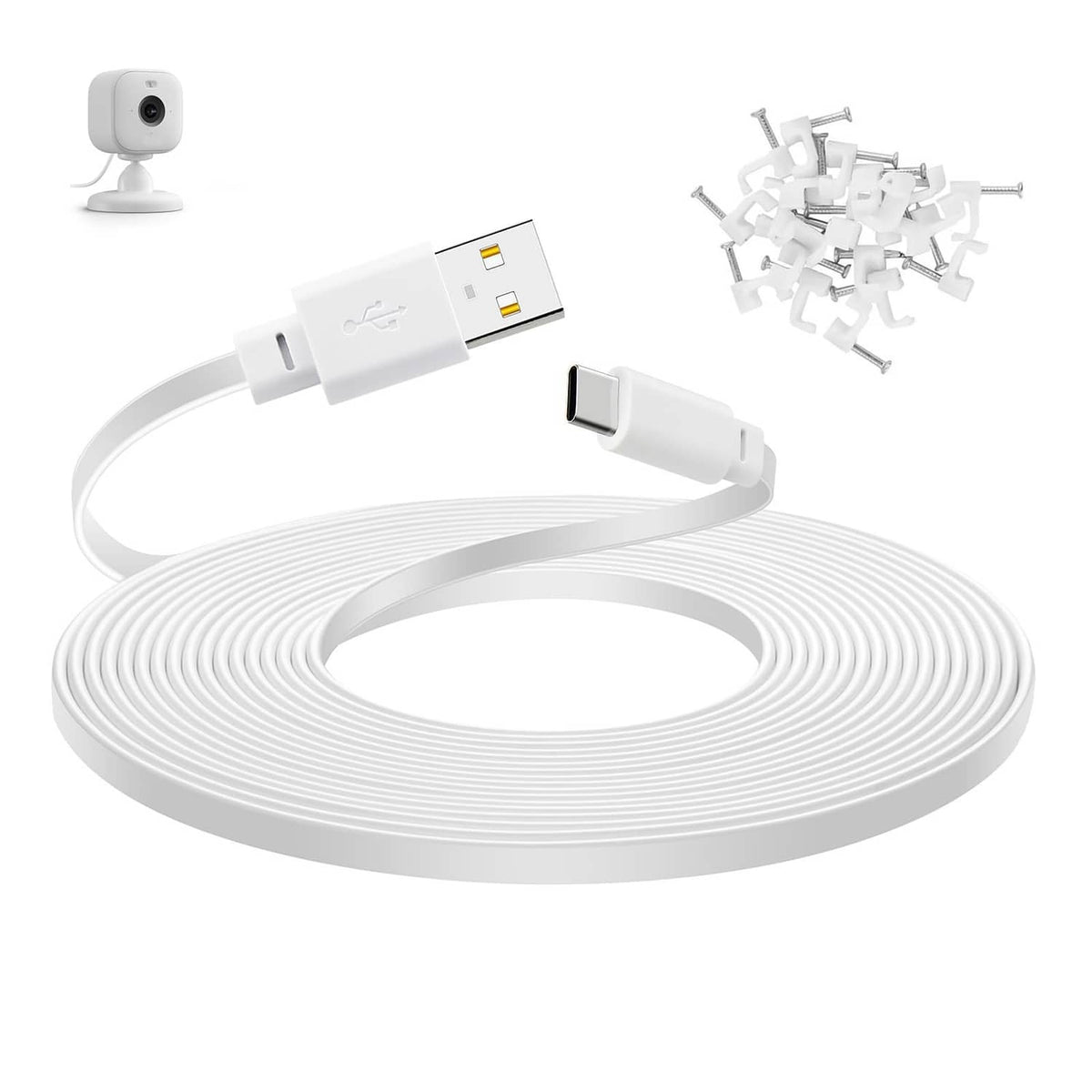 White USB-A to USB-C power cable with cable clips, neatly coiled