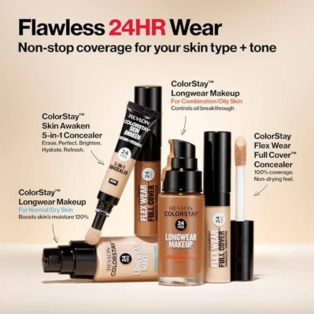 Revlon ColorStay longwear makeup lineup of foundation bottles and concealer sticks