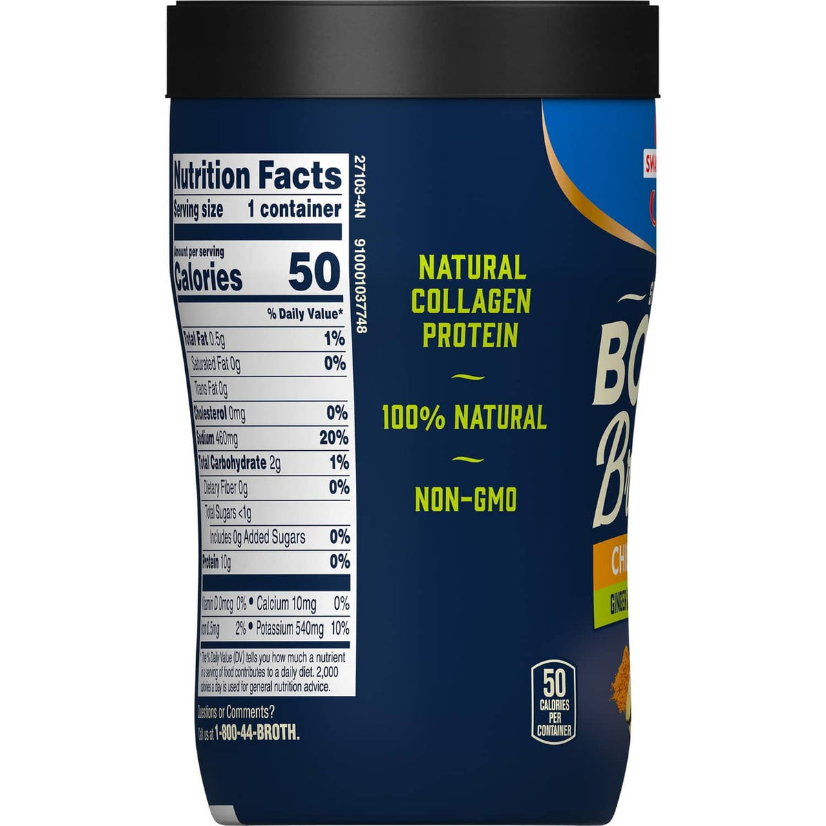 Swanson bone broth back label: natural collagen protein, 100% natural, non-GMO