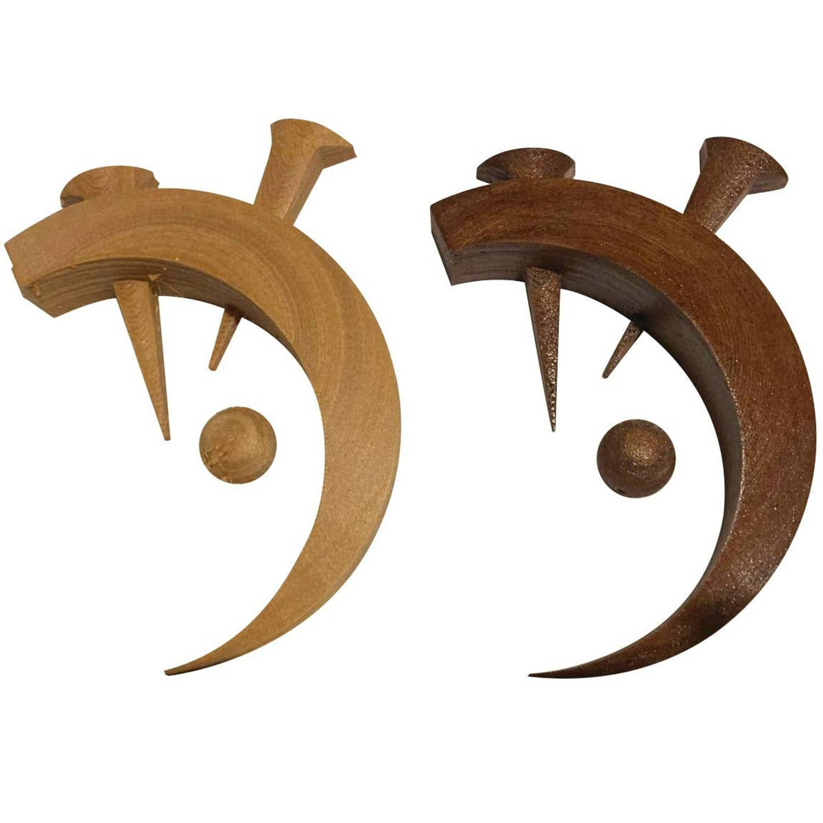 Wooden 3D print test pieces: two curved shapes with small pins, dark brown