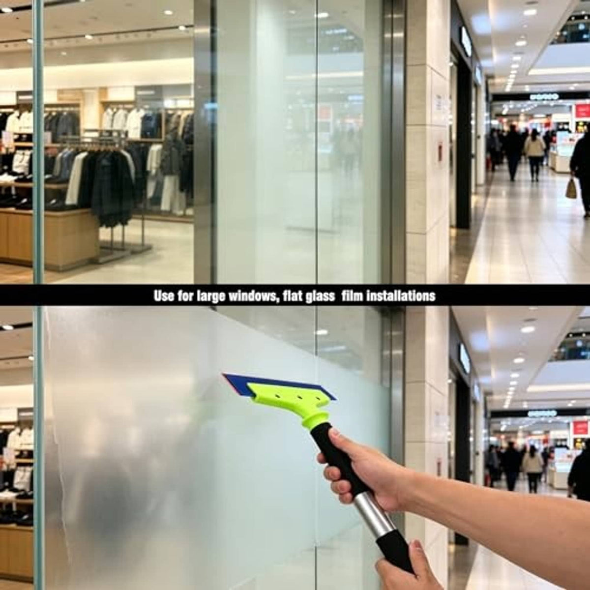 Window tint squeegee in use on glass panel with neon green blade
