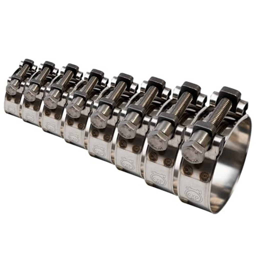 Angled stainless steel heavy-duty hose clamps with threaded screw housings