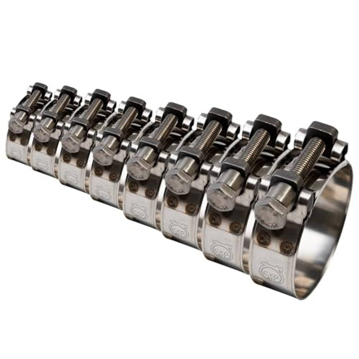 Angled stainless steel heavy-duty hose clamps with threaded screw housings