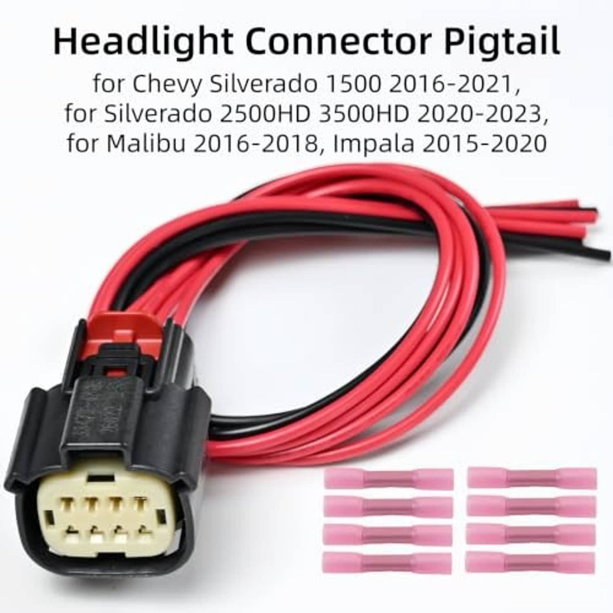 Headlight connector pigtail with black housing, beige plug, and red wire harness
