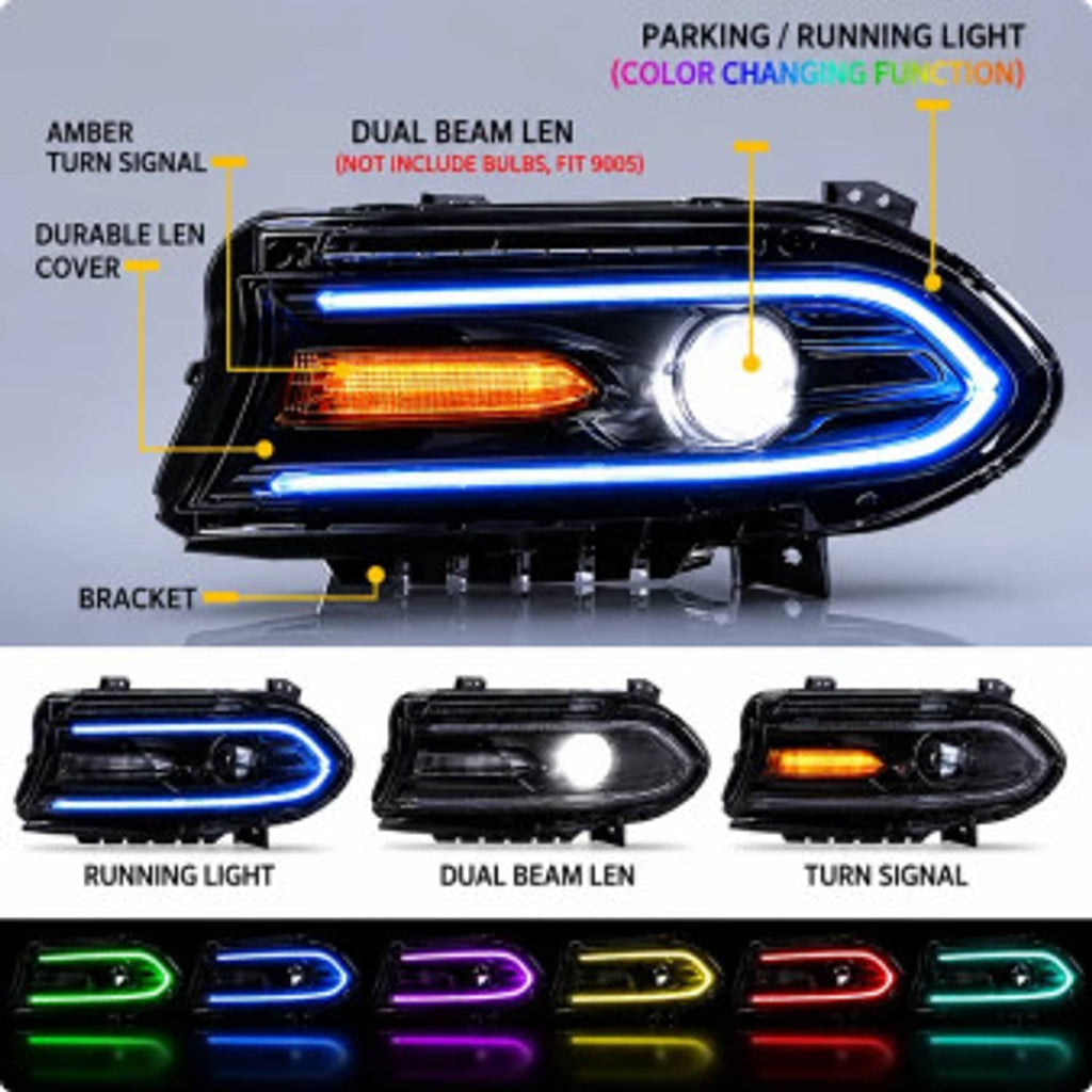 LED projector headlights with blue and purple running light strips and amber turn signal
