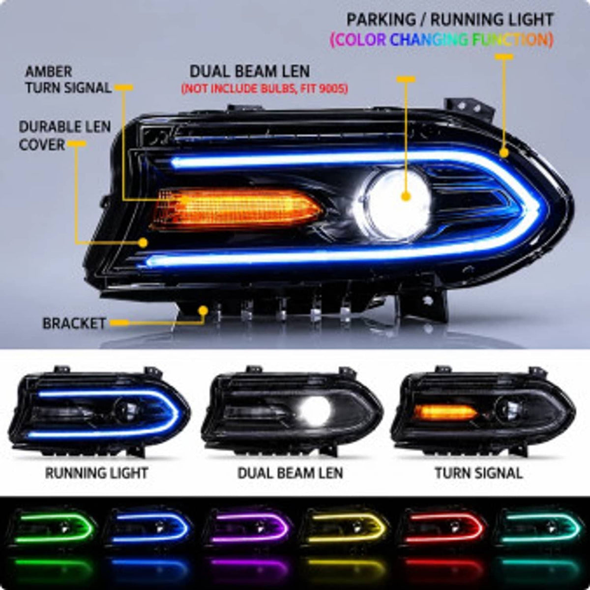 LED projector headlights with blue and purple running light strips and amber turn signal