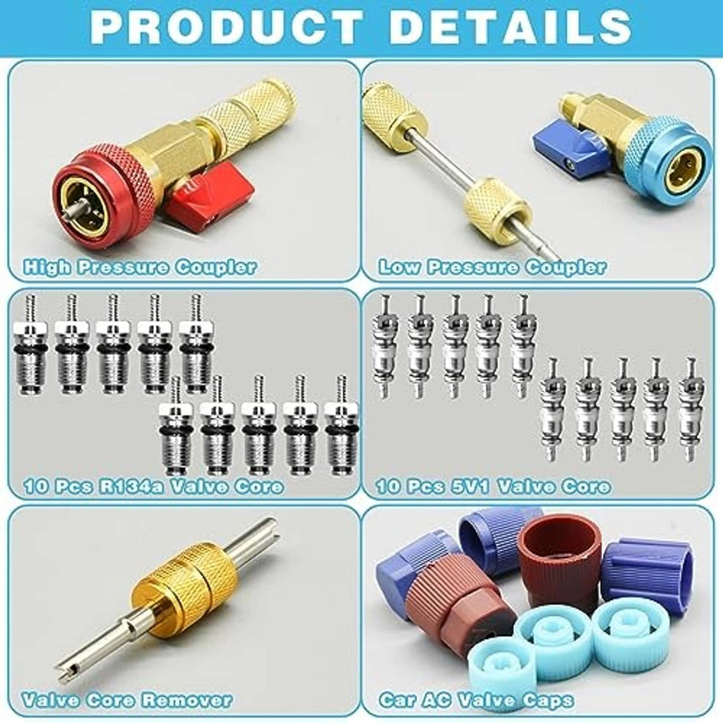 Brass and colored AC couplers with valve cores, valve core remover, and cap set