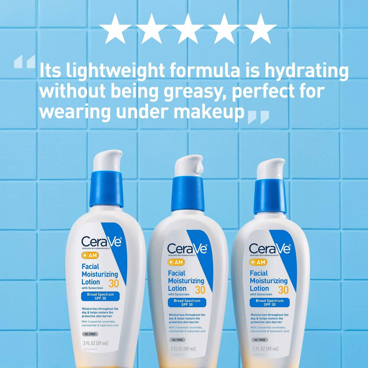 CeraVe AM facial moisturizing lotion bottles, white with blue pump caps (SPF 30)
