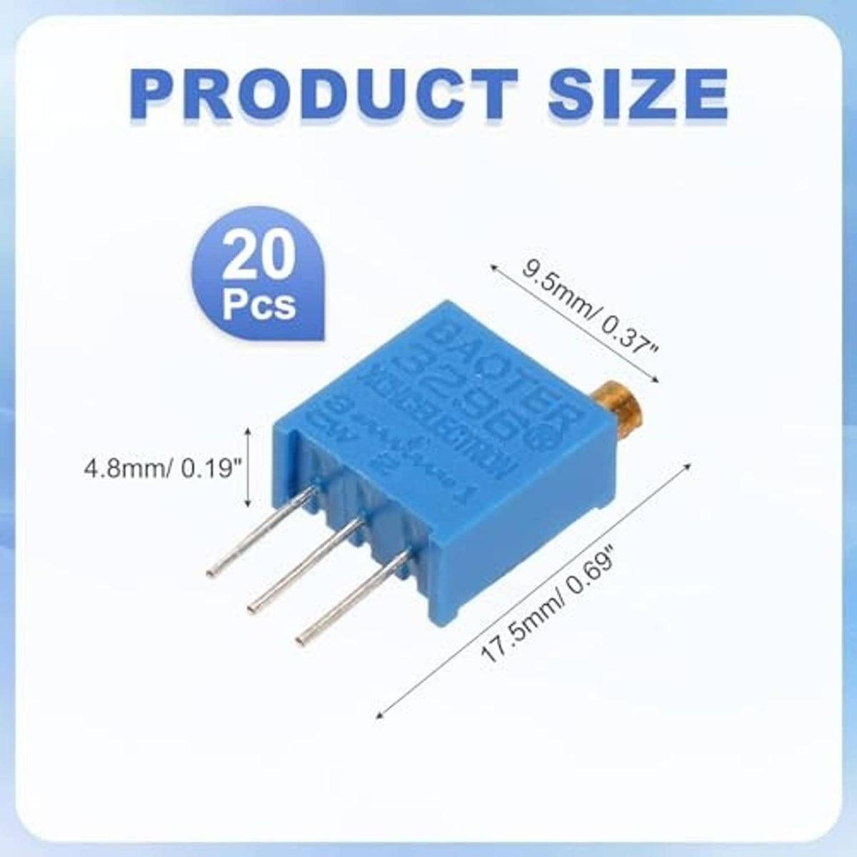 Blue multiturn trimmer potentiometer with 3-pin leads and gold adjustment top, 20 pcs