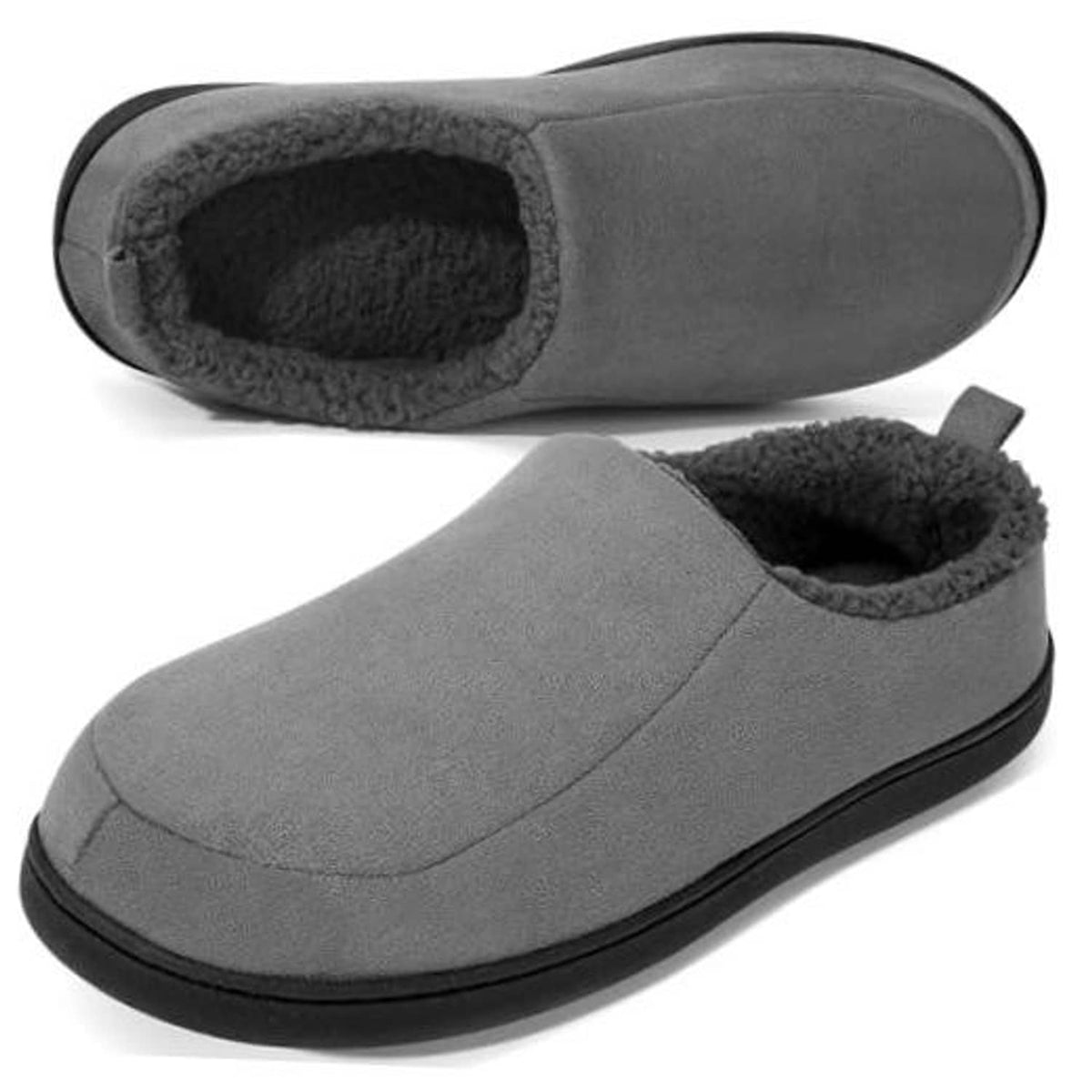 Grey slip-on slippers with fuzzy lining and black rubber sole, pair view