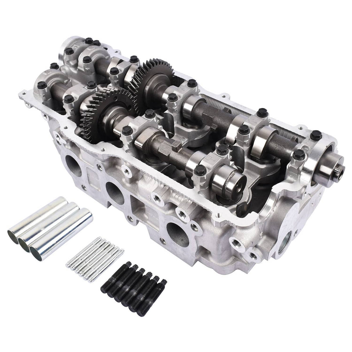 Right cylinder head with camshafts and spark plug holes, includes metal tubes and pins