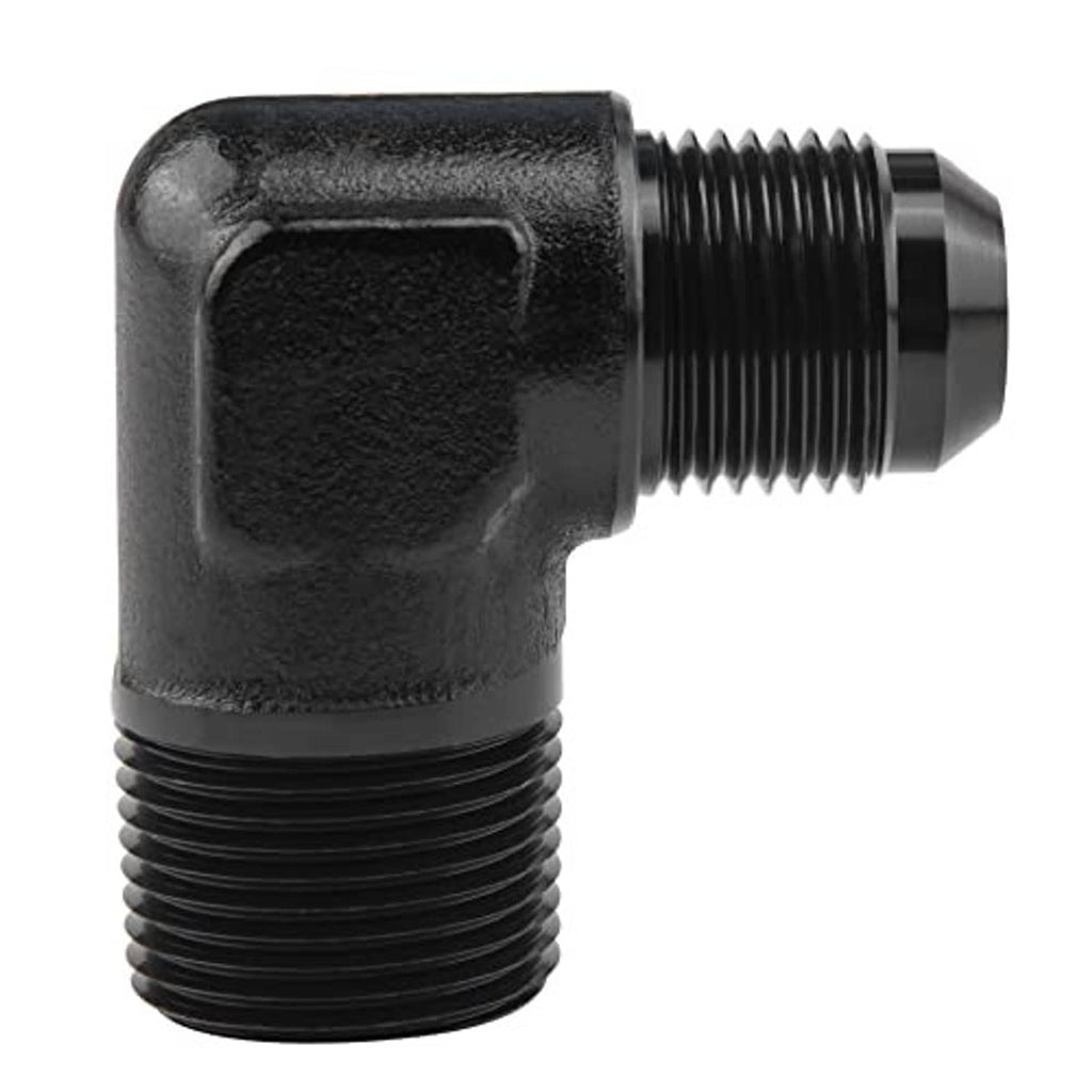 Black 90-degree elbow fitting adapter with male threads and tapered outlet end