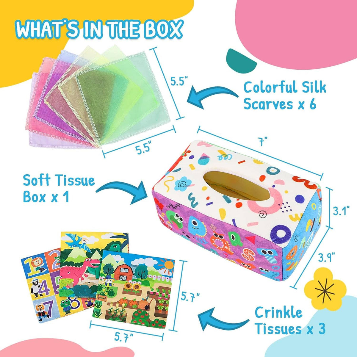 Soft fabric tissue box toy with colorful silk scarves and crinkle tissue papers