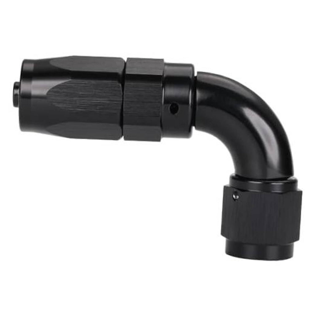 Black 90-degree AN hose end swivel fitting, full-flow, with threaded connection