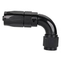 Black 90-degree AN hose end swivel fitting, full-flow, with threaded connection