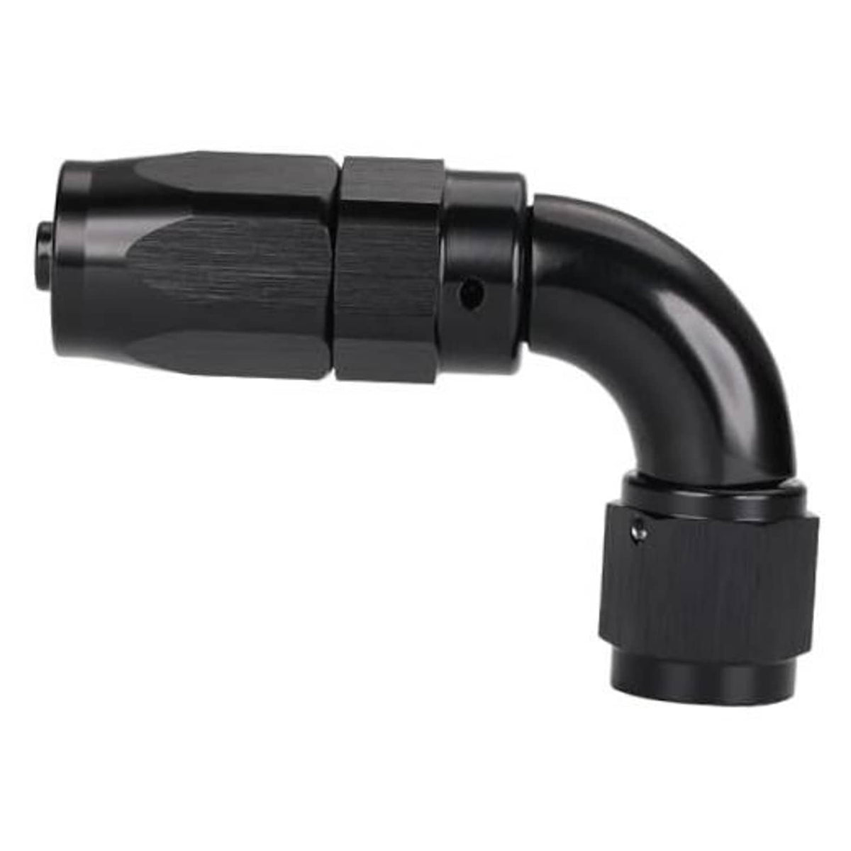 Black 90-degree AN hose end swivel fitting, full-flow, with threaded connection