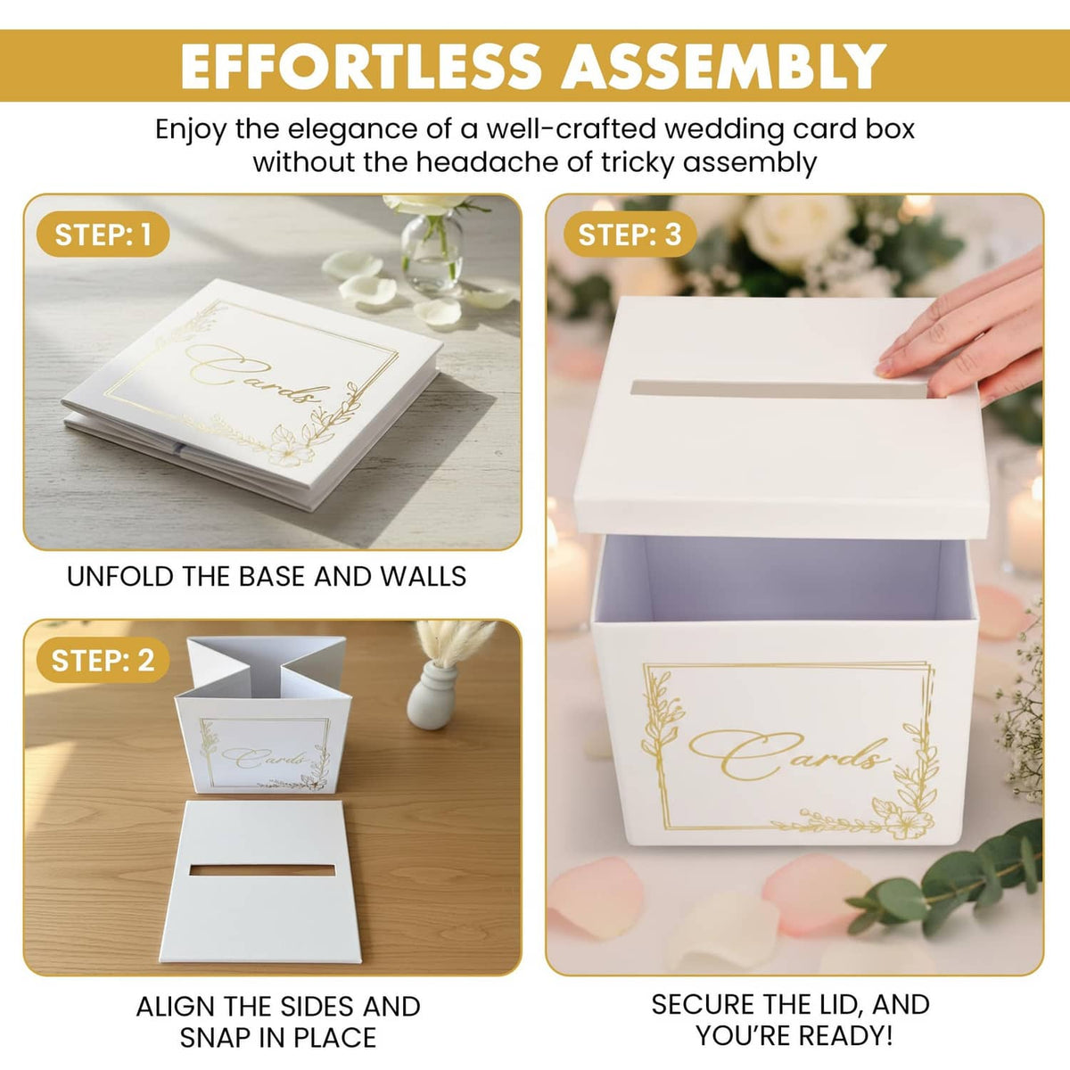 White collapsible card box partially assembled, showing the front panel with gold "Cards" frame.